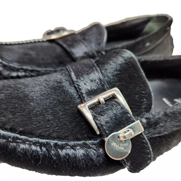 PRADA Pony Calf Hair Driving Loafers COA Sz 37/7 US Logo Charm Black Driver - Picture 7 of 16